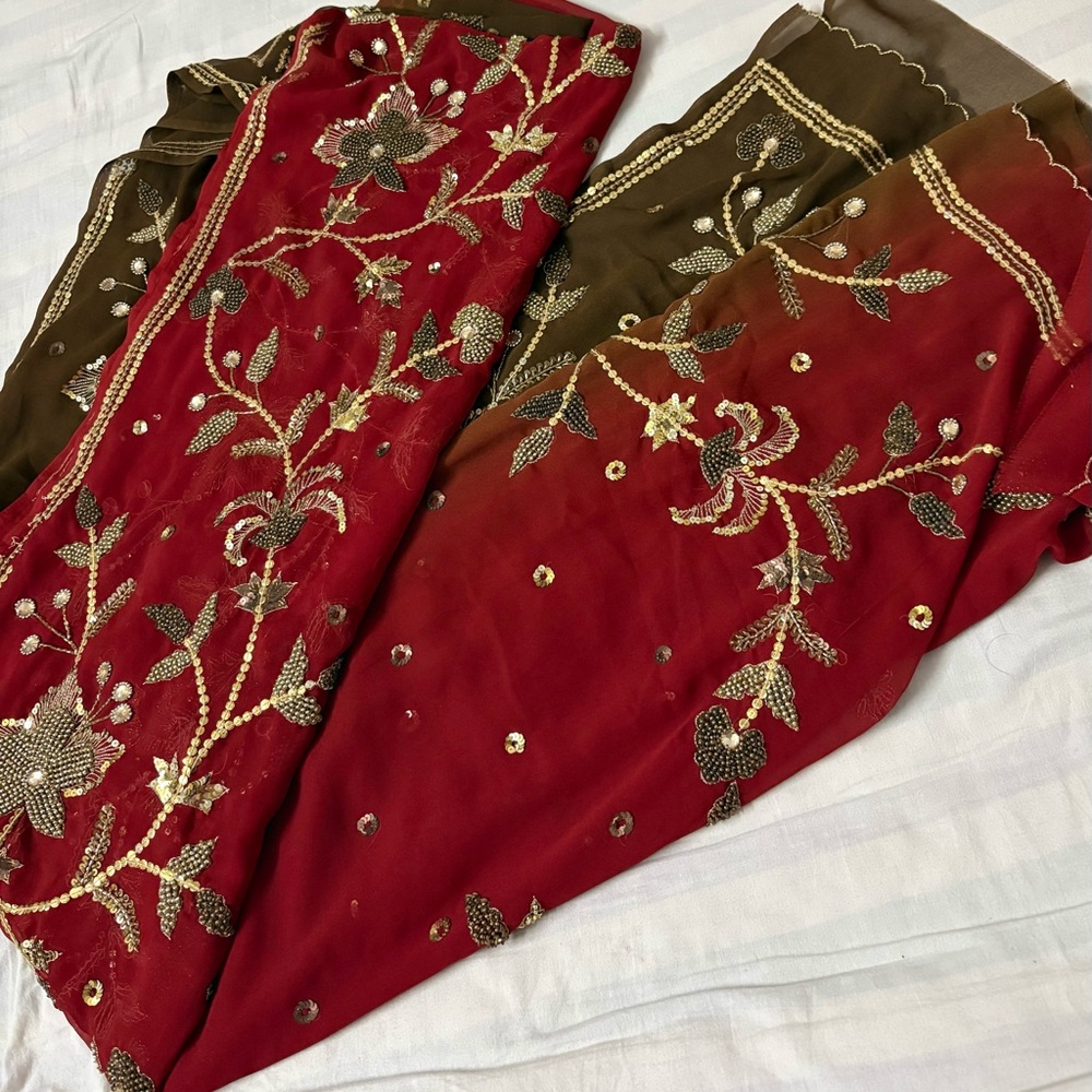 Embroidered Red and Brown Zardousi work elegant saree